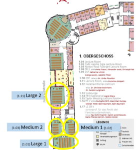 Seminar room map. Medium 1, Medium 2, Large 1, and Large 2 are in the south wing.